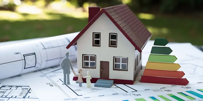 Modellhaus mit Energieeffizienzklassen-Skala von Grün bis Rot auf Bauplänen – Symbol für einen veralteten Energieausweis und die Energieeffizienz eines Wohngebäudes