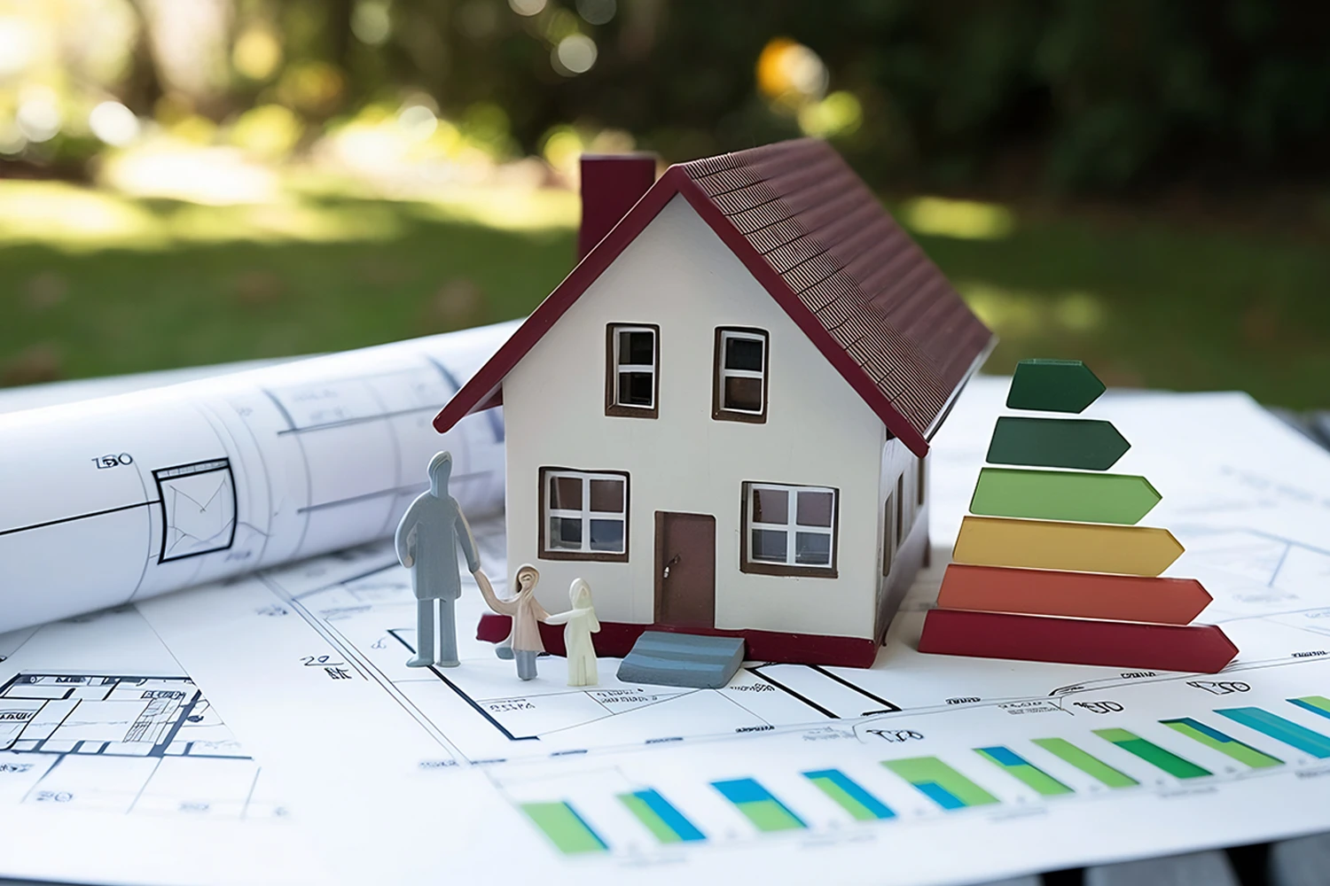 Modellhaus mit Energieeffizienzklassen-Skala von Grün bis Rot auf Bauplänen – Symbol für einen veralteten Energieausweis und die Energieeffizienz eines Wohngebäudes