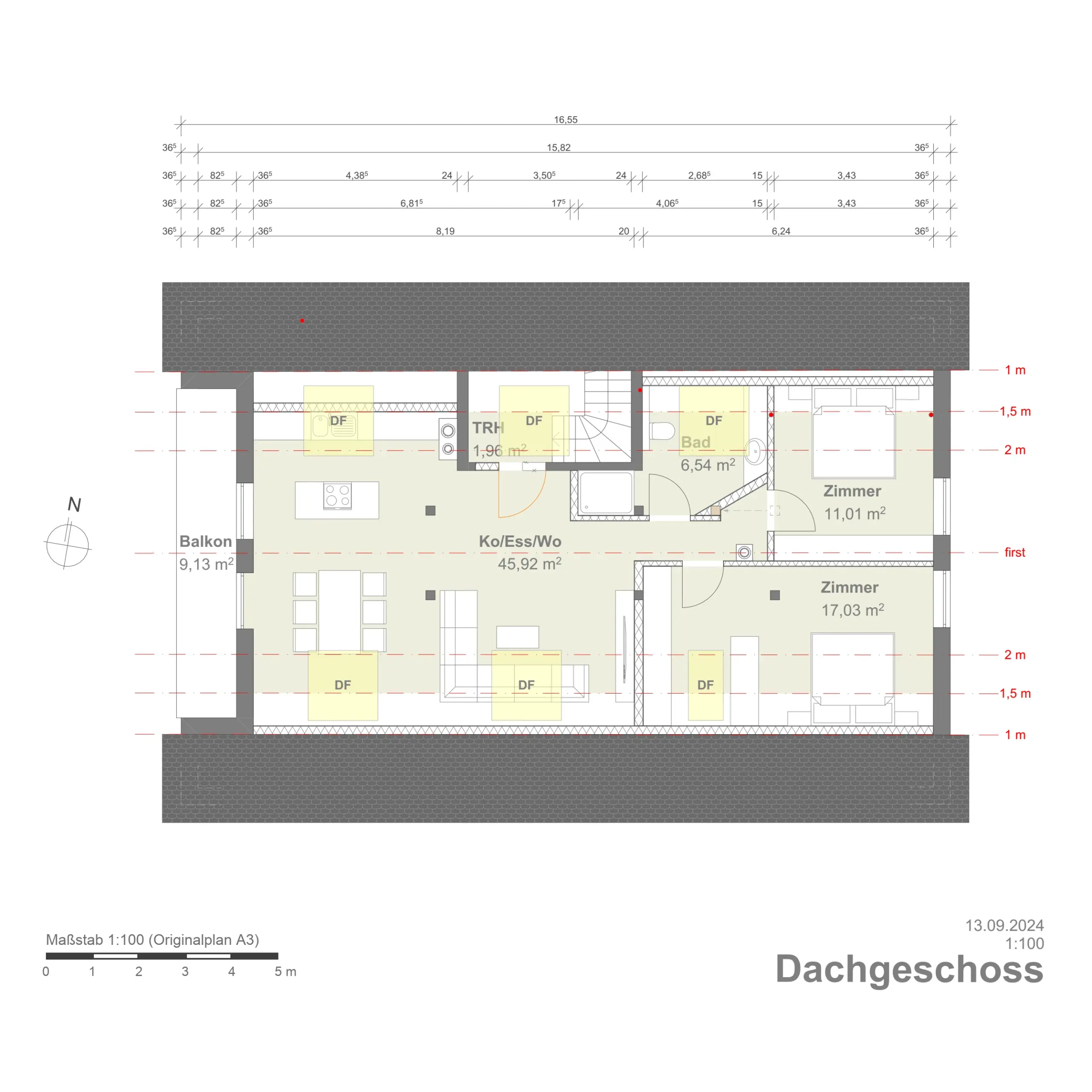 Grundriss der Dachgeschosswohnung mit Wohn-Essbereich und Küche, Bad, zwei Zimmern und Balkon, Maßstab 1:100